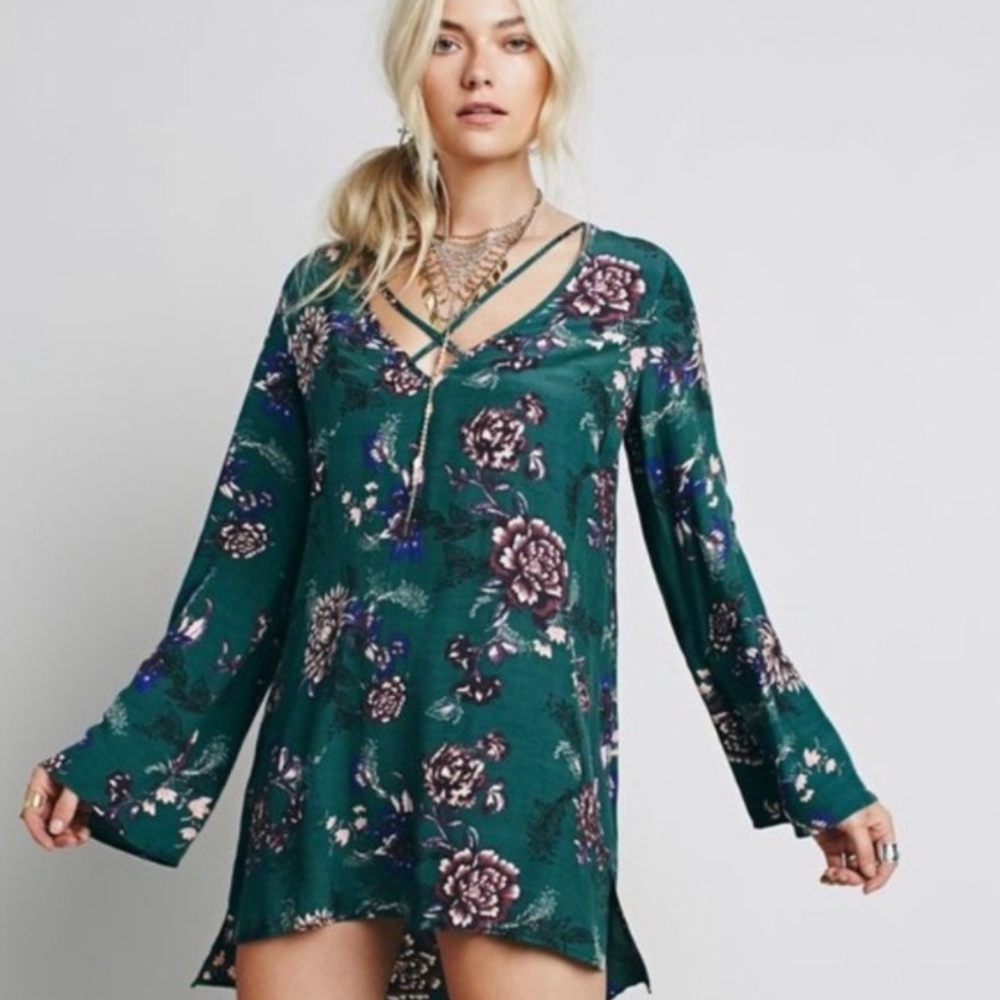 Free People Heart Beat Green Floral Tunic Top